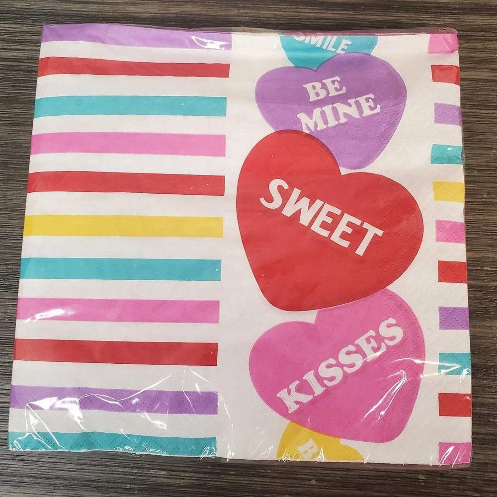 Valentine's Day Conversation Hearts Striped Paper Party Napkins - 2 Packs 18 Ct.